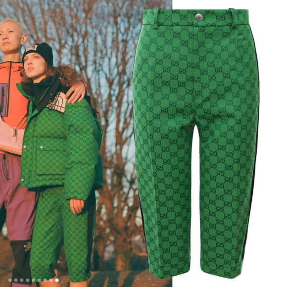 GUCCI x THE NORTH FACE PANTS GG LOGO CANVAS GREEN COTTON CROPPED sz IT 38 US 2 - Picture 1 of 16